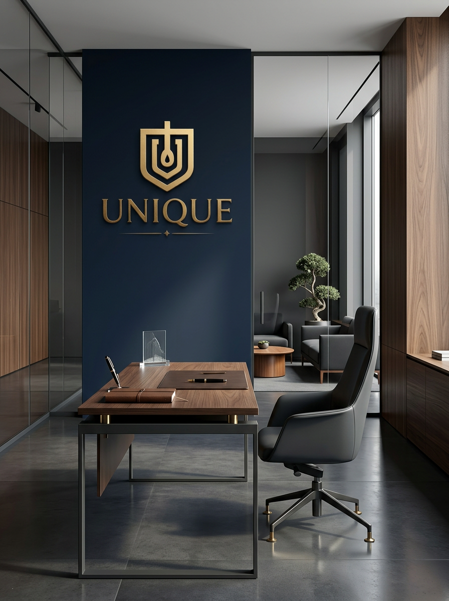 Escritório moderno da UNIQUE I.O.N. com logo dourado na parede